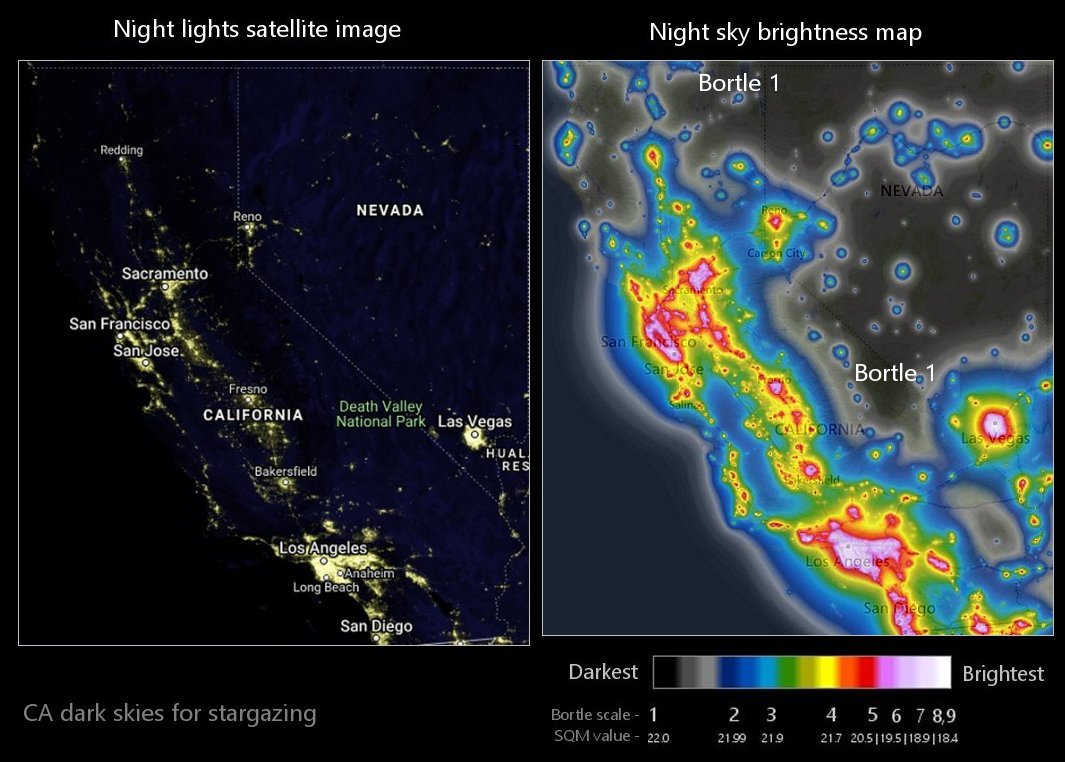 CA night sky light pollution map